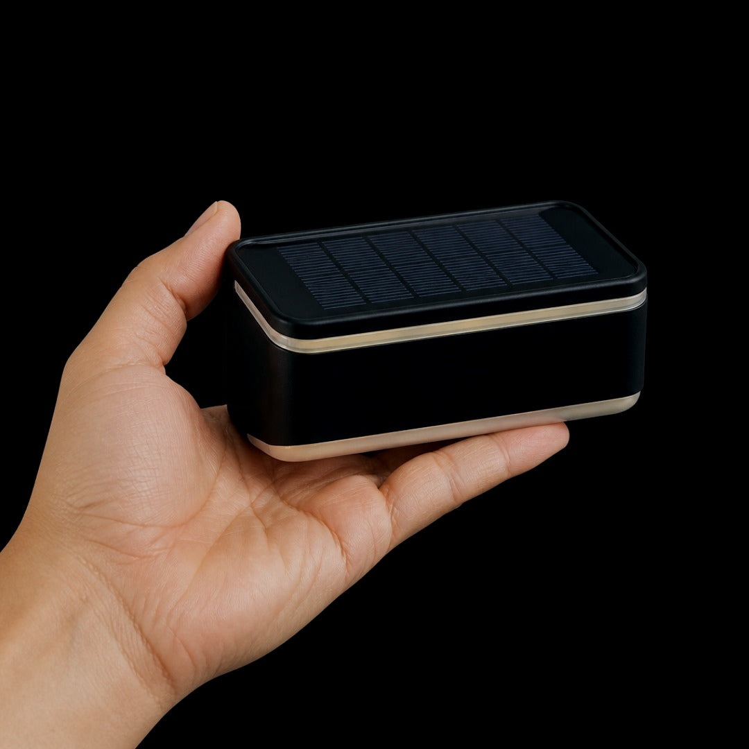 Una mano sosteniendo el aplique solar, mostrando su porte