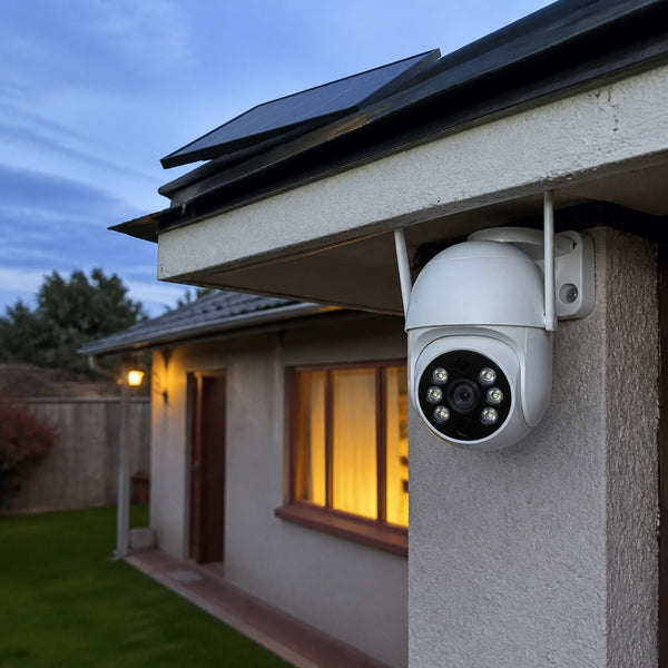 La cámara montada bajo el alero de una casa chilena al anochecer