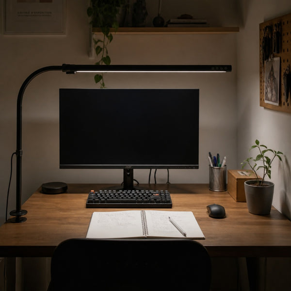 El escritorio de noche con la barra encendida sobre el monitor