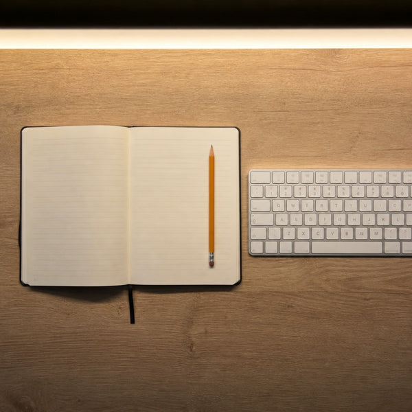 La luz cae pareja sobre el cuaderno y el teclado, sin reflejo