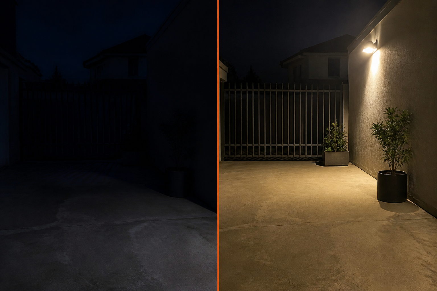 El mismo patio de noche: a oscuras antes y con luz cálida después de instalar el foco solar