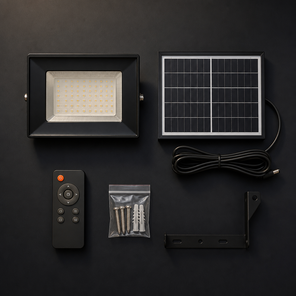 Contenido de la caja: foco LED, panel solar con cable, control remoto, tornillos y soporte