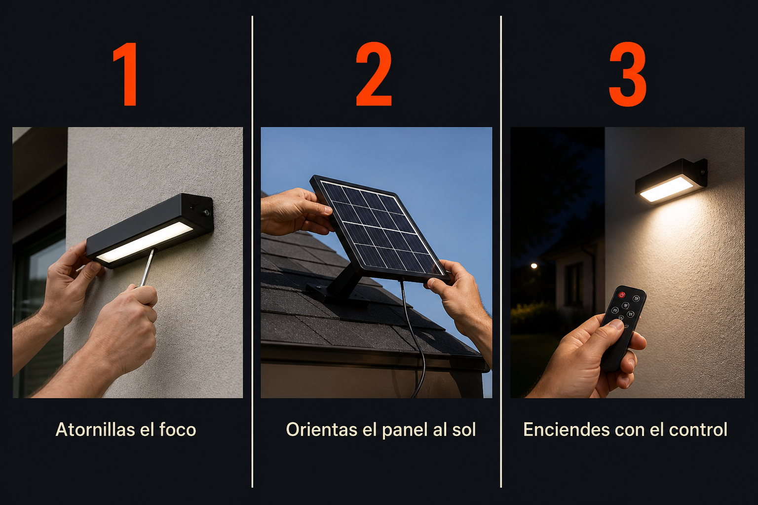 Instalación en tres pasos: atornillar el foco, orientar el panel al sol, encender con el control