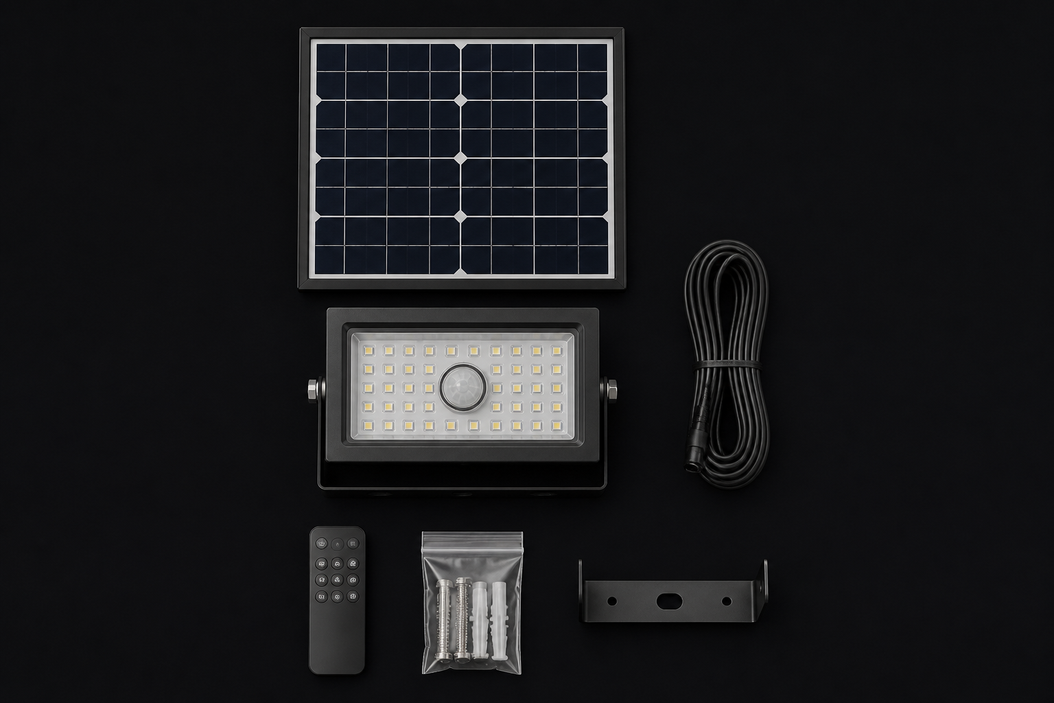 Contenido de la caja: foco, panel solar con cable, control remoto, soporte y tornillos