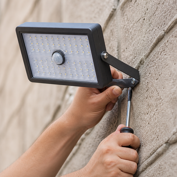 Dos manos atornillando el foco solar a un muro de albañilería con un destornillador