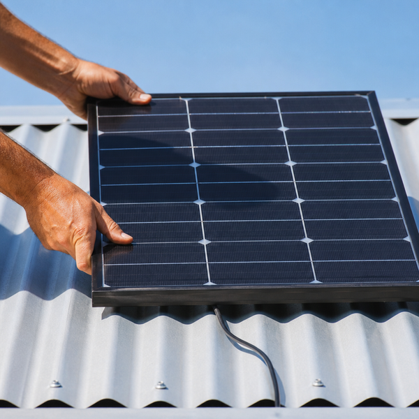 Manos fijando el panel solar sobre una techumbre inclinada, de cara al sol
