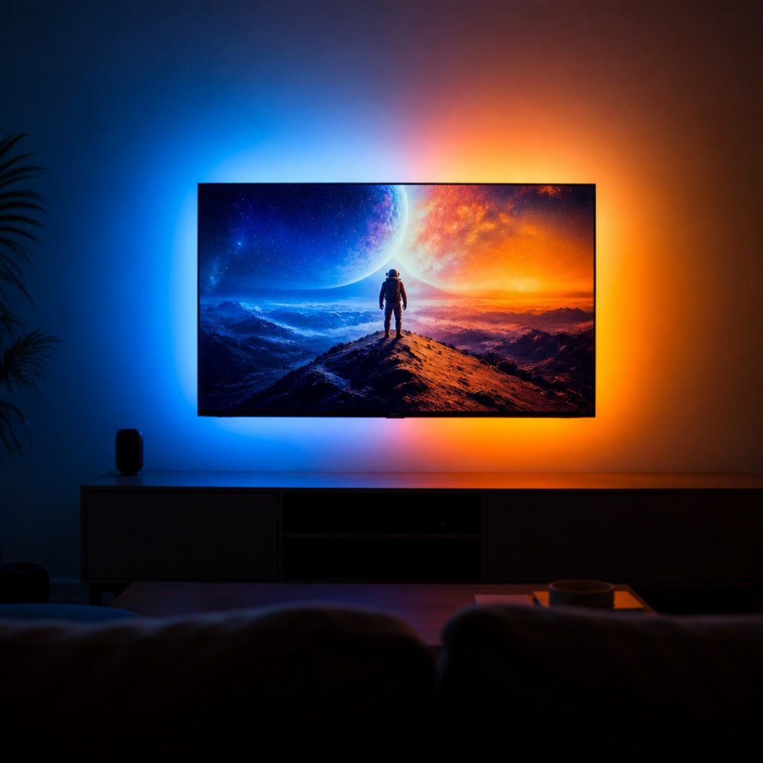 El living de noche con la pared teñida de los colores de la película