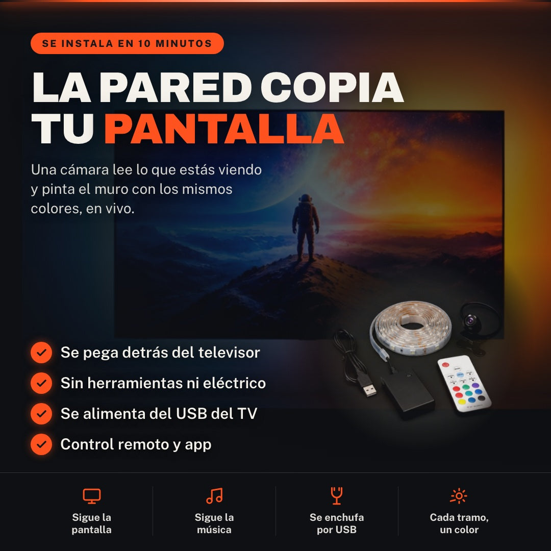 La pared copia tu pantalla. Una cámara lee lo que estás viendo y pinta el muro con los mismos colores, en vivo.