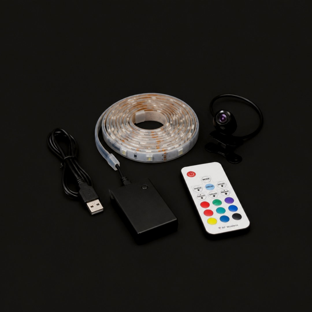 Kit completo: rollo de tira LED, cámara con clip, caja de control, cable USB y control remoto