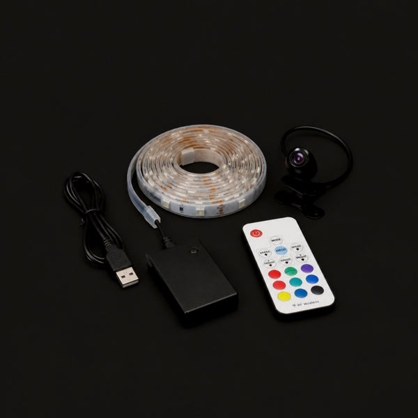 Kit completo: rollo de tira LED, cámara con clip, caja de control, cable USB y control remoto